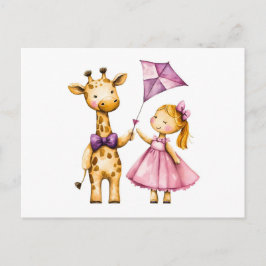 Watercolor Illustration of Giraffe and Girl Flies Vykort
