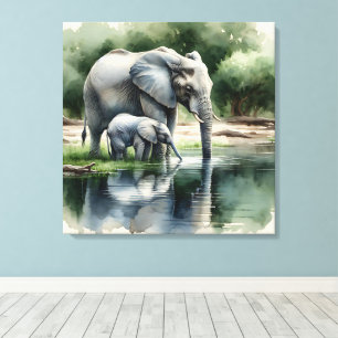 Watercolor Illustration of Mamma and Baby Elephant Canvastryck