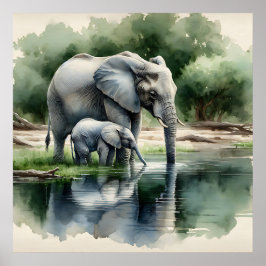 Watercolor Illustration of Mamma and Baby Elephant Poster