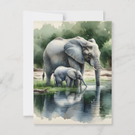 Watercolor Illustration of Mamma and Baby Elephant Vykort
