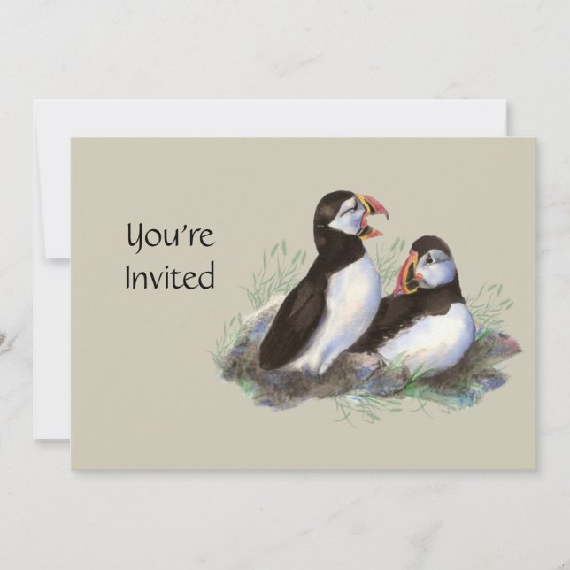 Watercolor Inbjudan Cute Puffin Bird (Framsida)