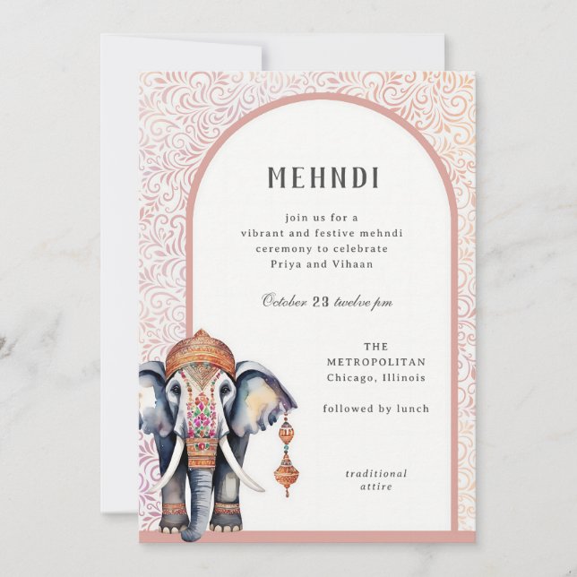 Watercolor Indian Bröllop Elephant Mehndi Inbjudningar (Framsida)