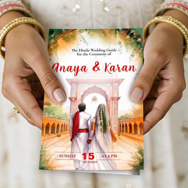 Watercolor Indian Bröllopsprogram Hindu Ceremony (Elegant Indian Wedding Program Hindu Ceremony Guid Flyer)