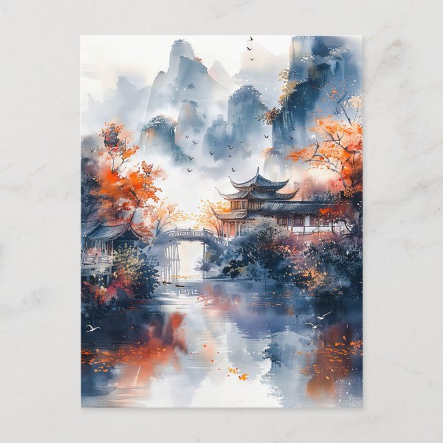 Watercolor ink of chinese template on lake. vykort (Framsida)