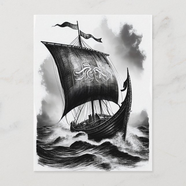 Watercolor ink pencil of Viking dragon ship Vykort (Framsida)