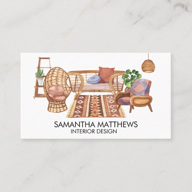 Watercolor Inredingsdesign Business Boho FurnMöble Visitkort (Framsida)
