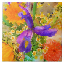 Watercolor Iris Bouquet Ceramic Tile