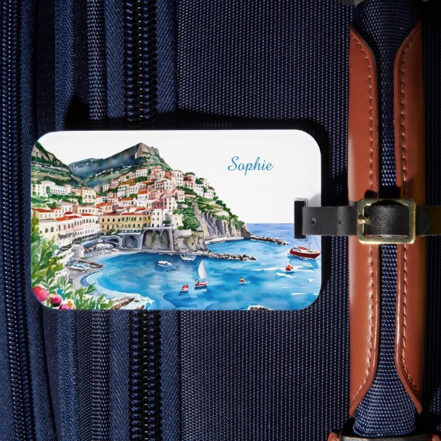 Watercolor Italian Amalfi Coast Name Bagagebricka (Framsida Insitu 4)