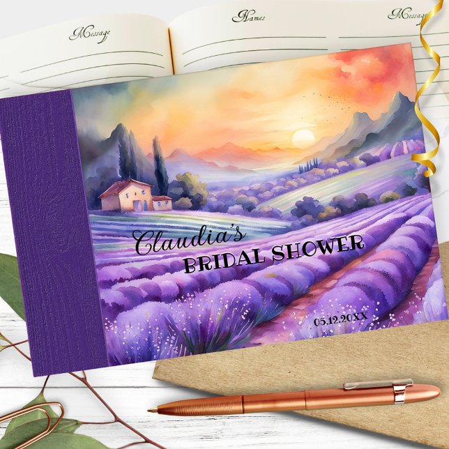Watercolor Italy Lavender Land Möhippa Gästböcker (Guest book featuring a watercolor painting of an Italian/French landscape scene with lavender fields)