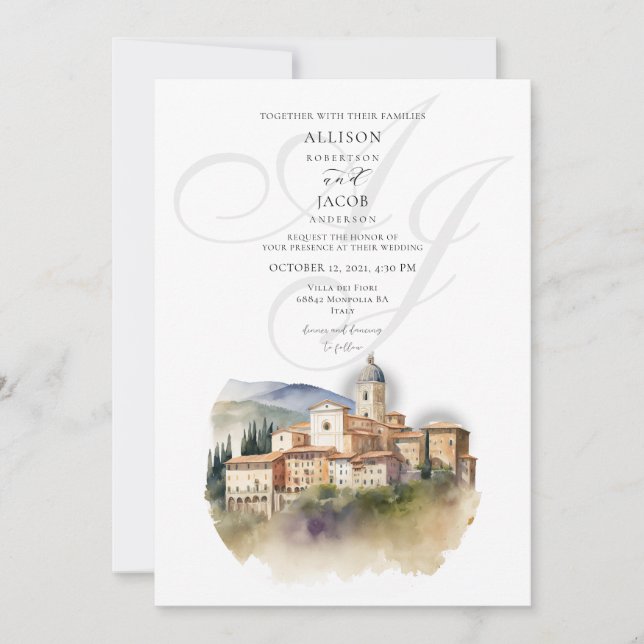 Watercolor Italy Monogram Destination Wedding Inbjudningar (Framsida)