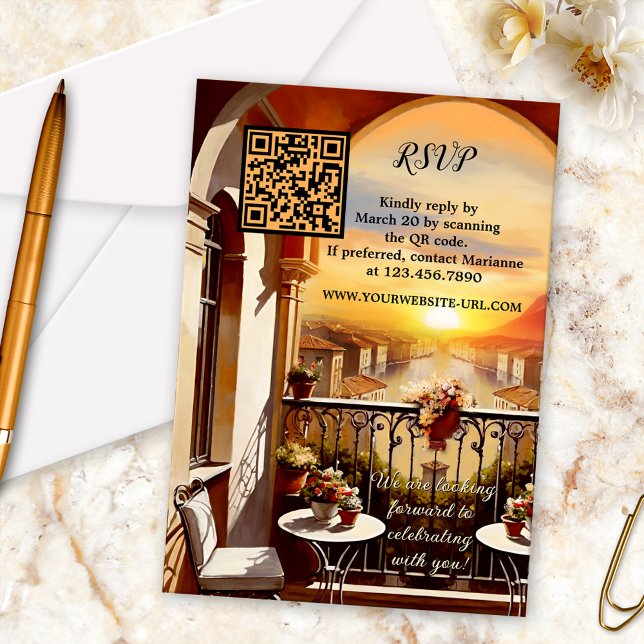 Watercolor Italy Sunset Bröllop OSA Kort (QR code wedding RSVP card showing a watercolor painting of a view from an Italian balcony at sunset)