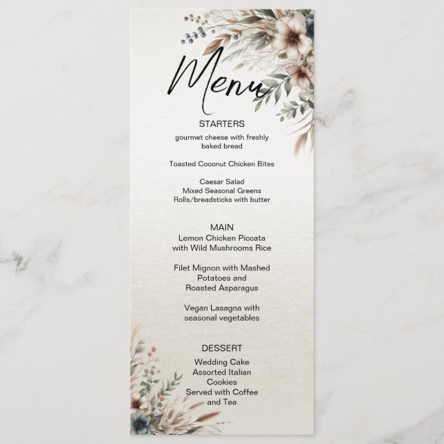 Watercolor Ivory Blåa blommor Bröllop Menu Meny (Framsida)