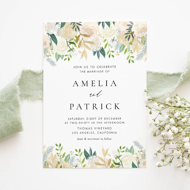Watercolor Ivory Flowers Garland QR Code Bröllop Inbjudningar (Elegant QR code wedding invitation with ivory florals, greenery, and faux gold foil accents.)