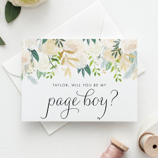 Watercolor Ivory Flowers Guld Page Boy Frieri Kort (Charming floral page boy proposal card with ivory flowers, greenery, and faux gold foil accents.)