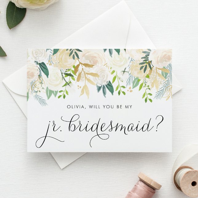 Watercolor Ivory Flowers Junior Bridesmaid Kort (Floral junior bridesmaid card with watercolor ivory flowers, greenery, and faux gold foil accent.)