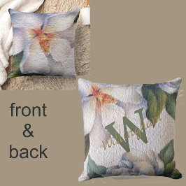 Watercolor Ivory Magnolia Namn Monogram Kudde