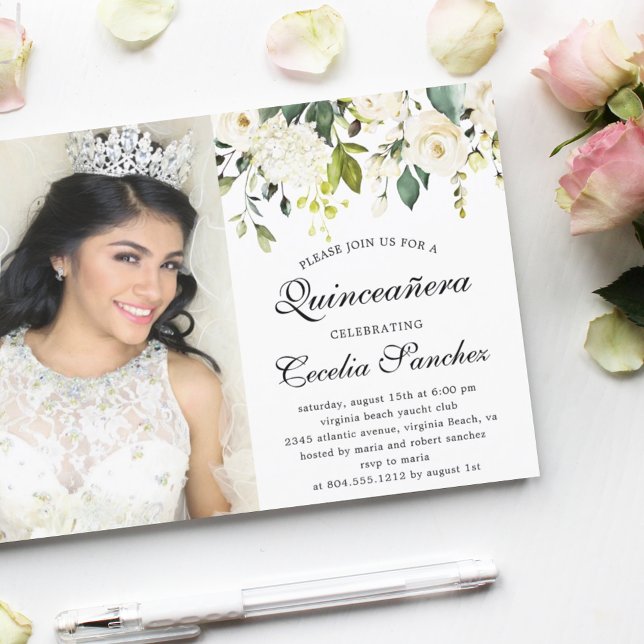Watercolor Ivory Ro Quinceanera Photo Inbjudningar (Skapare uppladdad)