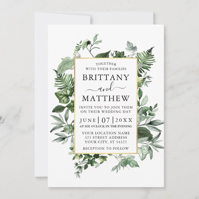 Watercolor Ivy Ferns Sage Greenery Guld Bröllop Inbjudningar (Framsida)