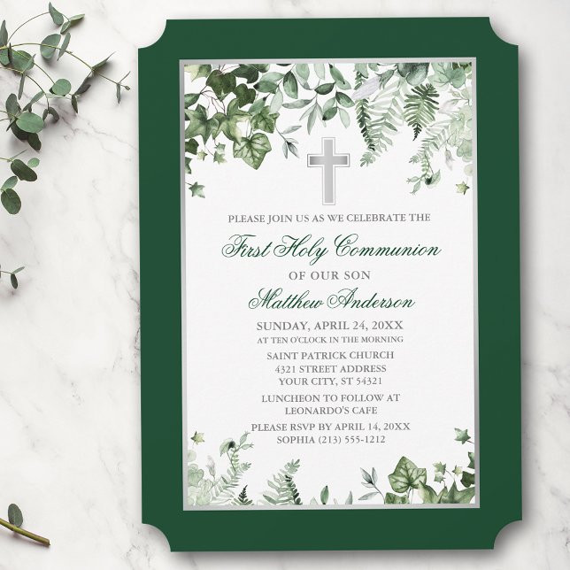 Watercolor Ivy Ferns Sage Grönt Silver Inbjudningar (Customize to change text size, style, color or to add more text or photos to back of card.)