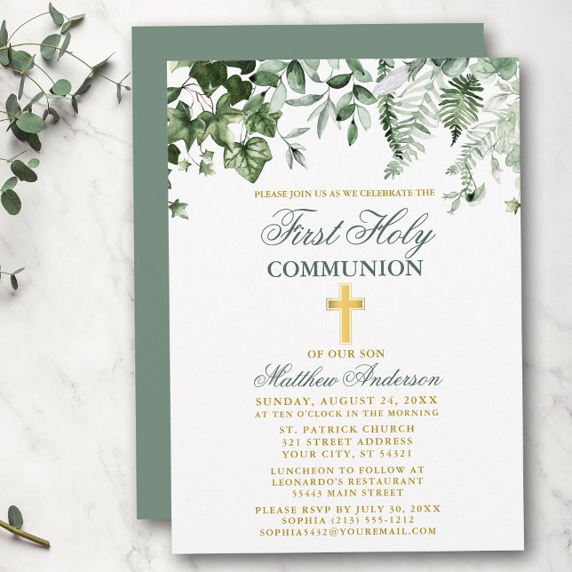 Watercolor Ivy Ferns Sage Guld First Communion Inbjudningar (Customize to change text color, text style or color of back of card.)