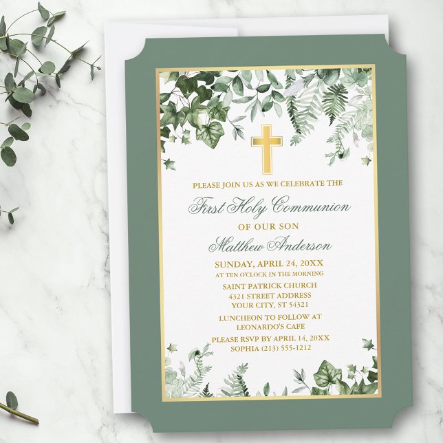 Watercolor Ivy Ferns Sage Guld Ram Inbjudningar (Customize to change text color, size, text style or to change color of back of card.)