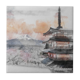 Watercolor Japanese Pagoda & Fuji  Kakelplatta