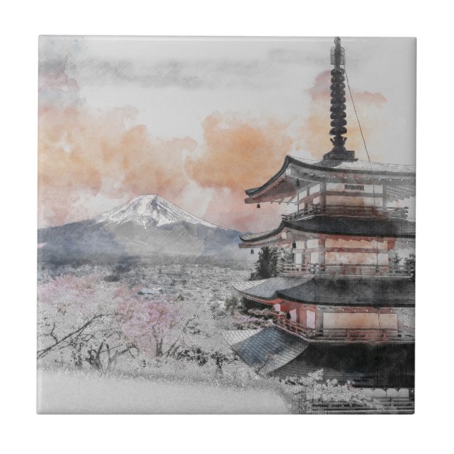 Watercolor Japanese Pagoda & Fuji  Kakelplatta (Framsidan)