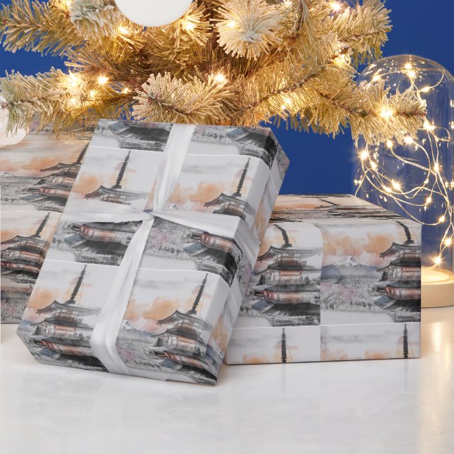 Watercolor Japanese Pagoda & Fuji  Presentpapper (Helgdagar)