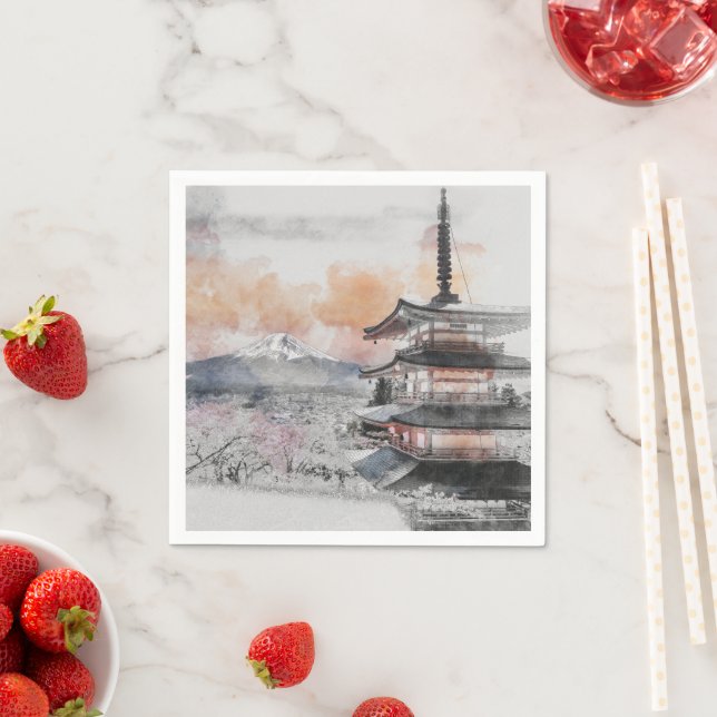 Watercolor Japanese Pagoda & Mount Fuji Scenic  Pappersservett (Insitu)
