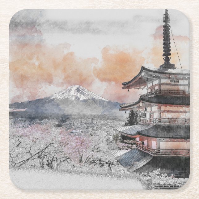 Watercolor Japanese Pagoda & Mount Fuji  Underlägg Papper Kvadrat (Framsidan)