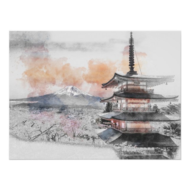 Watercolor Japanese Pagoda & Mt. Fuji  Fototryck (Framsidan)