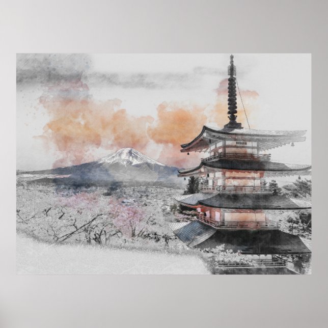 Watercolor Japanese Pagoda & Mt. Fuji  Poster (Framsidan)