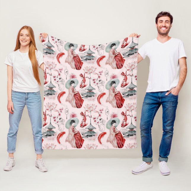 Watercolor Japansk kvinna Pagoda Lotus Koi Fish Fleecefilt (På plats)