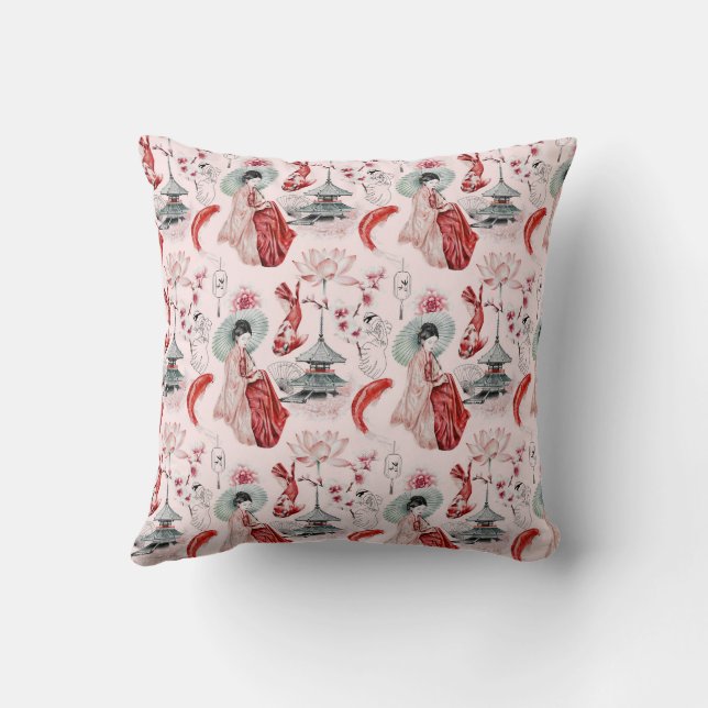 Watercolor Japansk kvinna Pagoda Lotus Koi Fish Kudde (Baksida)