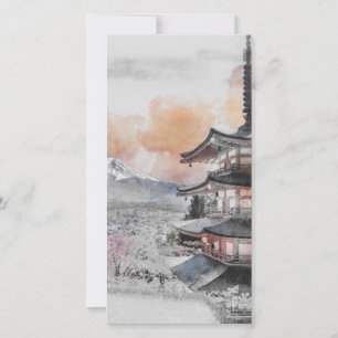 Watercolor Japansk Pagoda & Mt. Fuji