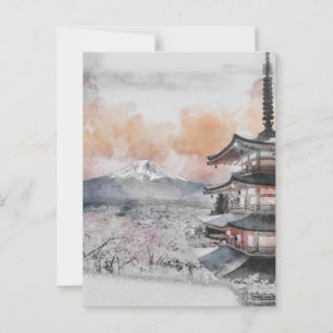 Watercolor Japansk Pagoda & Mt. Fuji Vykort