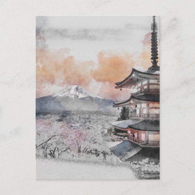 Watercolor Japansk Pagoda & Mt. Fuji Vykort (Framsida)