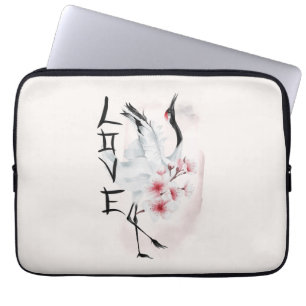 Watercolor Japansk Sakura Blommar Kärlek Crane Laptop Fodral