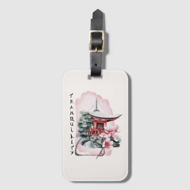 Watercolor Japansk Temple Sakura-Blommar Bagagebricka (Framsida vertikal)
