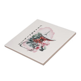 Watercolor Japansk Temple Sakura Blommar Ceramic Kakelplatta