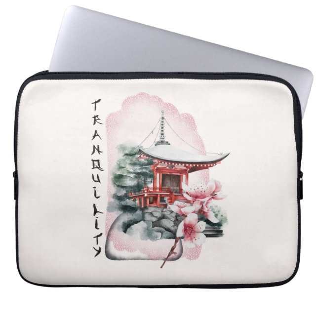 Watercolor Japansk Temple Sakura-Blommar Laptop Fodral (Framsidan)