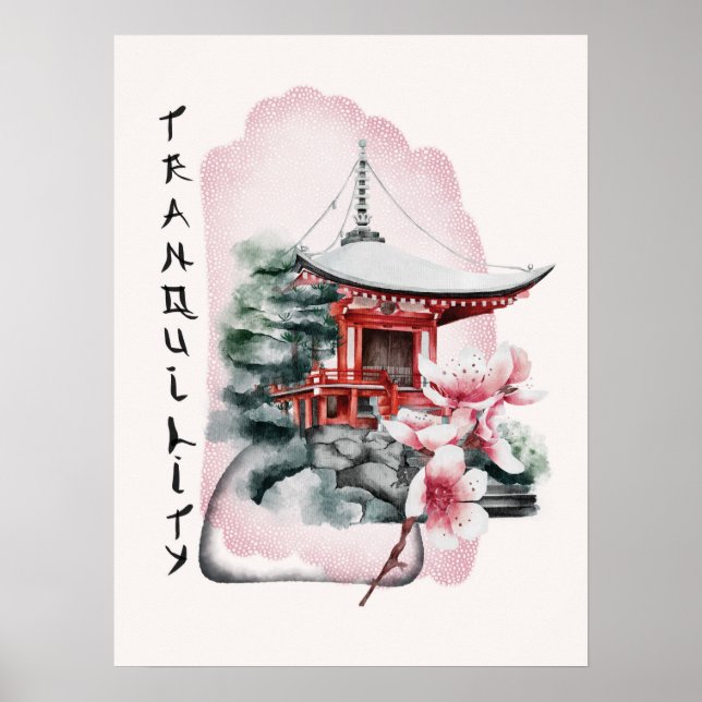 Watercolor Japansk Temple Sakura-Blommar Poster (Framsidan)