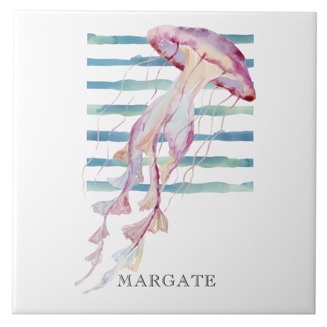 Watercolor JELLYFISH Beach Coastal MARGATE Kakelplatta (Framsidan)