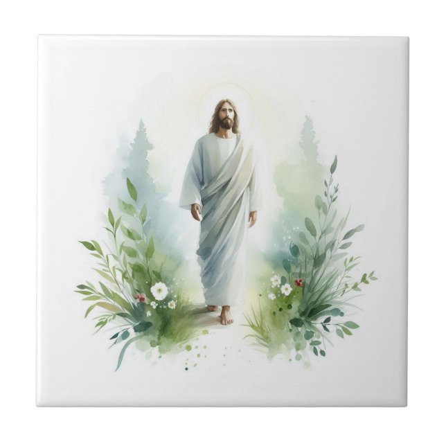 Watercolor Jesus Christ with Botanical Elements –  Kakelplatta (Framsidan)