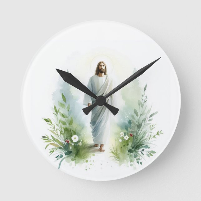 Watercolor Jesus Christ with Botanical Elements –  Rund Klocka (Framsida)