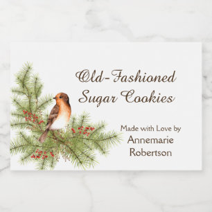 Watercolor jul Bird Holly Berries Gräs Mat Etiketter