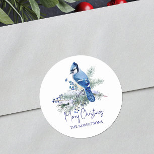 Watercolor jul Blue Jay Winter Helgdag Runt Klistermärke