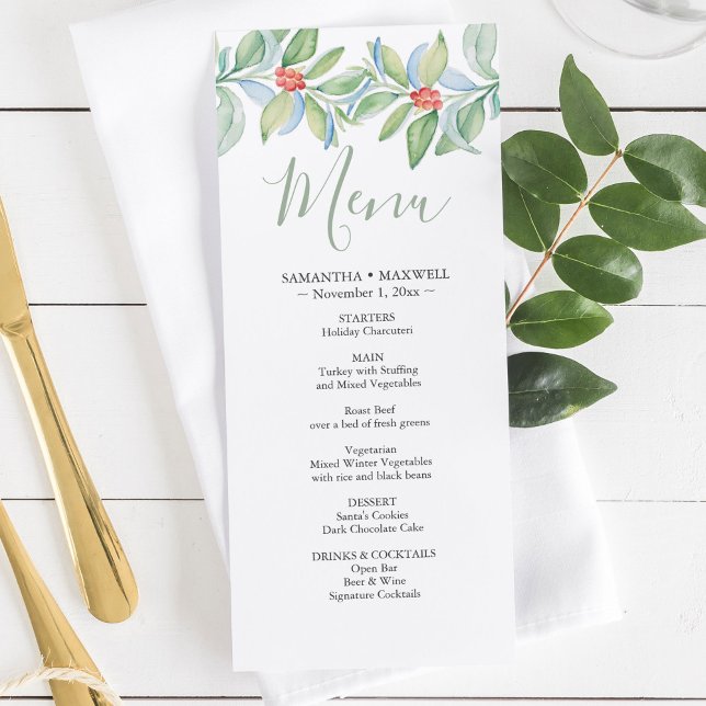 Watercolor jul Bröllop Menus Meny (Watercolor Christmas Wedding Menus)