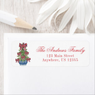 Watercolor jul Chinoiserie Play Bow Topiary Returadress Etikett