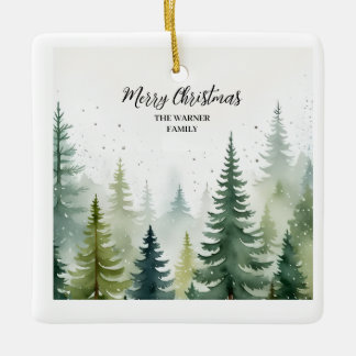 Watercolor jul Forest Träd Snowy Winter Julgransprydnad Keramik